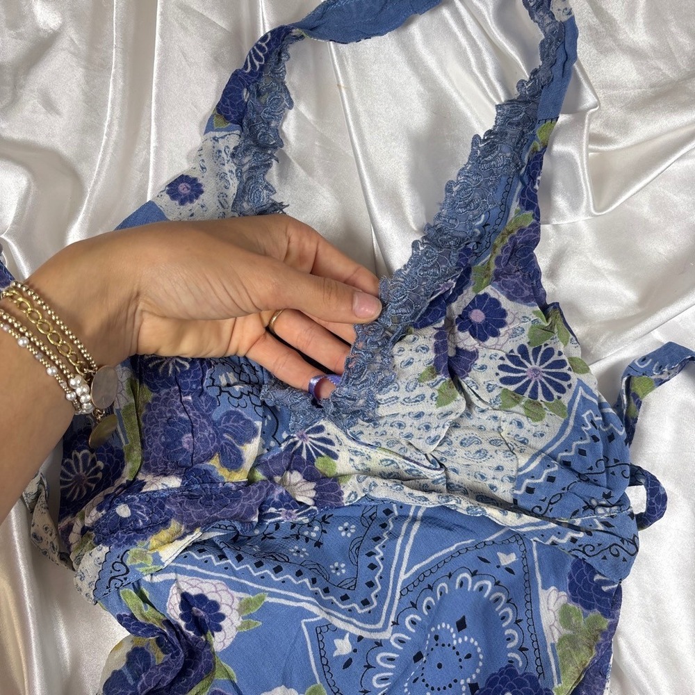 y2k Halter rayon Dress Blue Excellent Patchwork Floral Bandana Lace Trim Angie - Picture 4 of 7